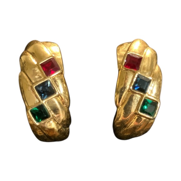 Estate Jewelry - Vintage 80s Gold Tone Jewel-Tone Half Hoop Post Earrings